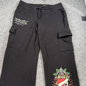 Ed Hardy Womens Black Cargo Sweatpants Graphic Skull Heart EHW8203-4 Large